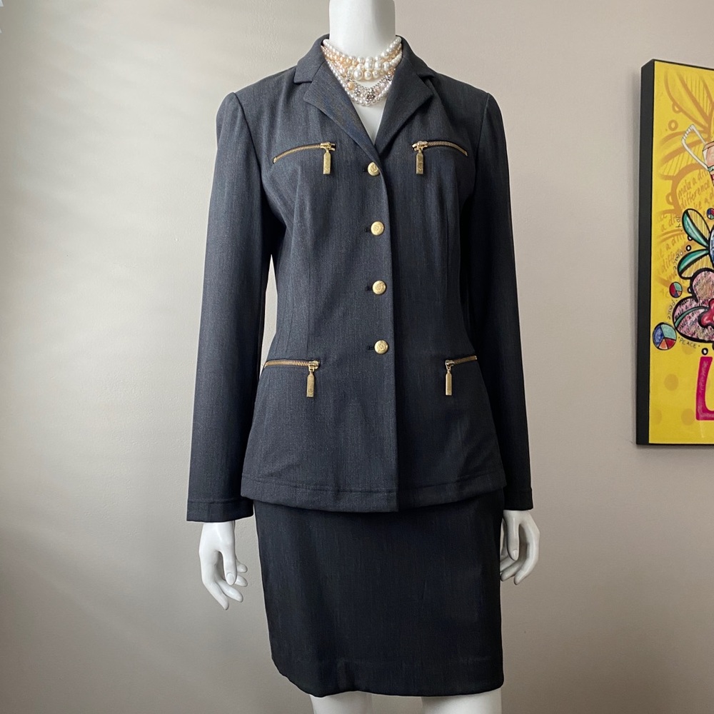Vintage Mondi light weight wool skirt suit set in steel grey